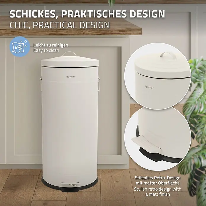 ML-Design Treteimer 30 l, Beige, Stahl -  - Cremefarbener Treteimer im Retro-Design mit matter Oberfläche, leicht zu reinigen. Steht in einer Küche.