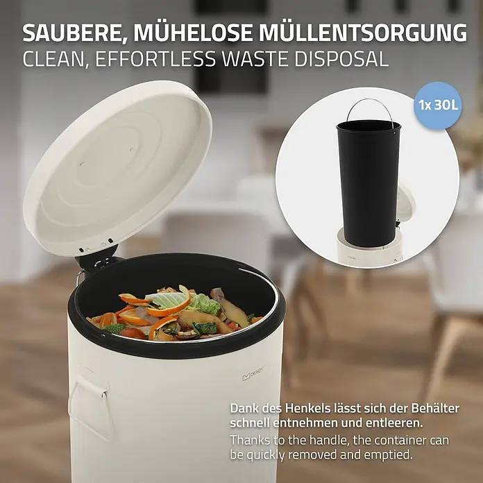 ML-Design Treteimer 30 l, Beige, Stahl -  - Cremefarbener 30L Treteimer, offen mit Bioabfall. Herausnehmbarer schwarzer Inneneimer mit Griff.