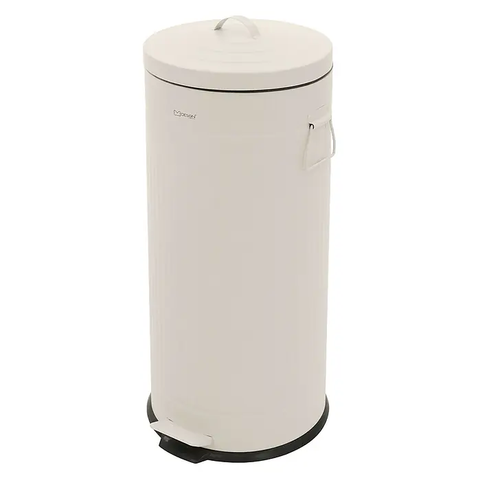ML-Design Treteimer 30 l, Beige, Stahl -  - Rundes, cremefarbenes Treteimer mit Deckel, seitlichem Griff und schwarzem Fußpedal.