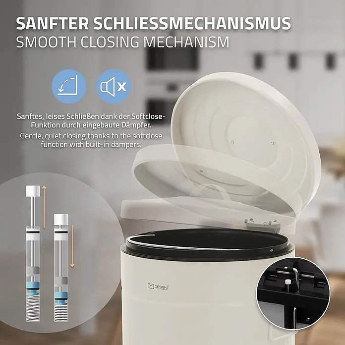 ML-Design Treteimer 30 l, Beige, Stahl -  - Cremefarbener Mülleimer mit Soft-Close-Deckel, der seinen leisen Dämpfermechanismus zeigt.