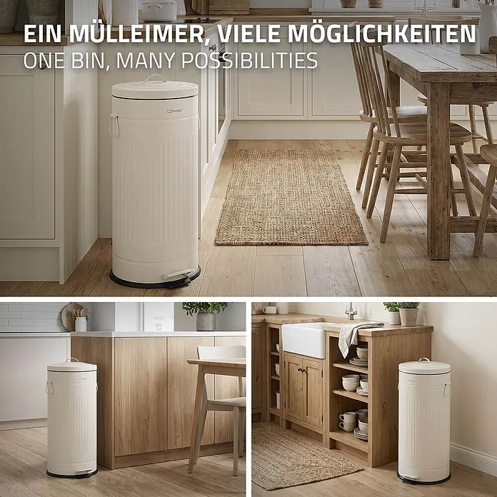 ML-Design Treteimer 30 l, Beige, Stahl -  - Cremefarbener, gerippter Treteimer mit Fußpedal und seitlichen Griffen, in verschiedenen Küchenumgebungen zur Größen- und Stilpräsentation.