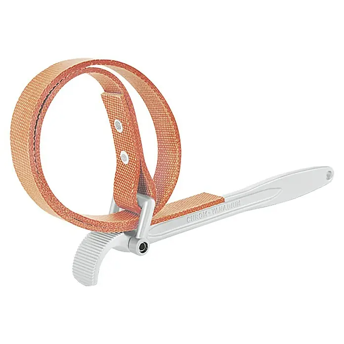Matador Ölfilter-Bandschlüssel PRO - Geeignet für: Filter bis Ø 24 cm, Gummibeschichtet - Ein verstellbarer Ölfilterschlüssel mit einem orangefarbenen Riemen für verschiedene Filtergrößen, ideal für den Kfz-Bereich.