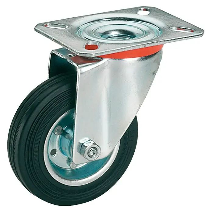Stabilit Transportgeräterolle - Durchmesser Rollen: 250 mm, Traglast: 275 kg, Rollenlager, Mit Platte - Drehbarer Rollenapparat mit einer schwarzen Gummirad und einer Metallhalterung zur einfachen Montage an verschiedenen Geräten.