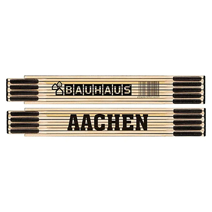 BAUHAUS Zollstock - Aachen, 2 m - Bild einer Zollstock-Messlatte mit den Aufschriften "Bauhaus" und "Aachen". Präzisionswerkzeug für Handwerker und Heimwerker.
