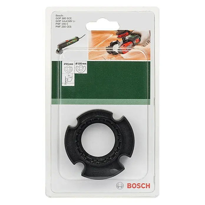Bosch Tiefenanschlag Basic - Passend für: Bosch Multifunktionswerkzeuge PMF 190 E/250 CES, Segment- und Tauchsägeblätter - Produktverpackung eines Bosch GOP-Werkzeugadapters. Geeignet für GOP 300 SCE, GOP 14,4/18V Li, PMF 190 E und PMF 250 CES.