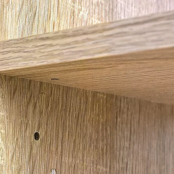 Regalux Holzregal Trio - H x B x T: 115,2 x 60 x 30,4 cm, Traglast pro Boden: 5 kg, Anzahl Böden: 2 Stk., Schrauben, Eiche - Detailaufnahme