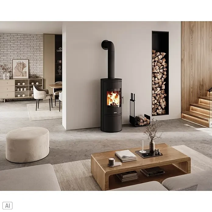 Justus Kaminofen Faro C - 6 kW, Raumheizvermögen: 115 m³, Schwarz - Moderner schwarzer Kaminofen mit sichtbarem Feuer, platziert in einem zeitgenössischen Wohnzimmer mit Holzstapel.