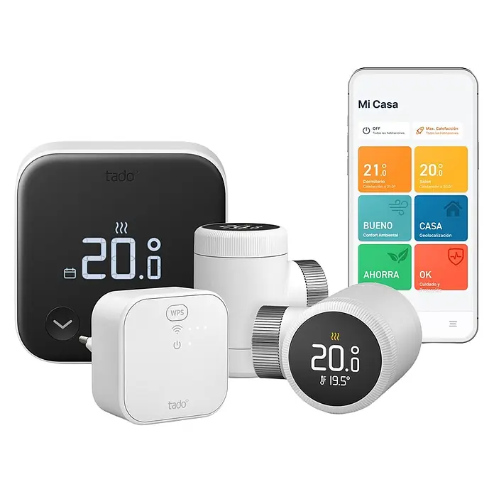 Tado Juego de termostato - Blanco/Negro, Termostáto + Bridge + 2 Cabezales - Componentes de sistema de calefacción inteligente blancos y negros: termostato principal, dos termòstats de radiador, puente de internet y app.