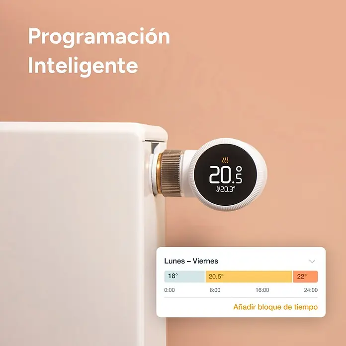 Tado Juego de termostato - Blanco/Negro, Termostáto + Bridge + 2 Cabezales - Termostato de radiador inteligente blanco en un radiador, mostrando 20,5°C, con un gráfico de programación.