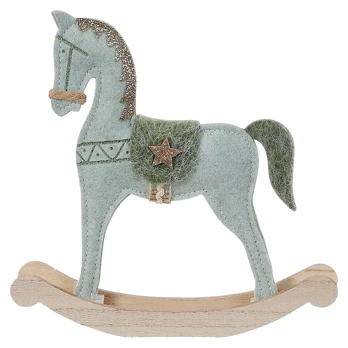 Dekofigur - Holz, Schaukelpferd, Höhe: 22 cm - Hellgrüne Filz-Schaukelpferd-Deko mit Glitzermähne, Sattel und Holzsockel.