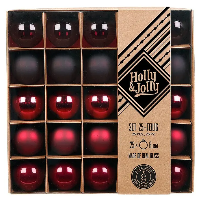 Christbaumkugel-Set - Rot, Glas, 25 Stk. - Set aus 25 roten glänzenden und matten Weihnachtsbaumkugeln aus Glas in einer Displaybox.
