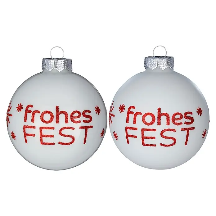 Christbaumkugel Frohes Fest - Weiß, Glas, 2 Stk. - Zwei weiße Weihnachtskugeln mit rotem Glitzerschriftzug 'frohes FEST' und Sternen.