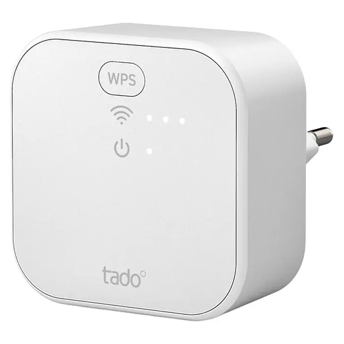 Tado Controlador inteligente Bridge X - Blanco, L x An x Al: 3,1 x 6 x 6 cm - Extensor Wi-Fi Tado blanco con botón WPS, luces indicadoras y enchufe europeo de dos clavijas.