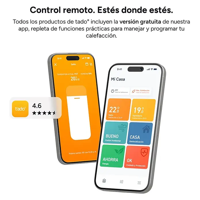 Tado Controlador inteligente Bridge X - Blanco, L x An x Al: 3,1 x 6 x 6 cm - Dos smartphones muestran la interfaz de la app tado° de calefacción inteligente, con controles de sala y ajustes, y una valoración de 4,6 estrellas.