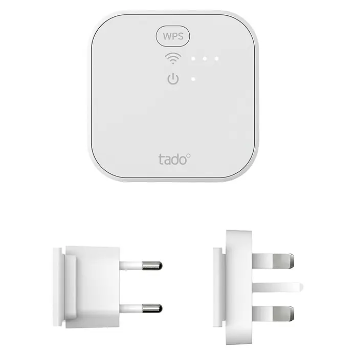 Tado Controlador inteligente Bridge X - Blanco, L x An x Al: 3,1 x 6 x 6 cm - Bridge Tado° blanco para hogar inteligente con botón WPS e indicadores LED, junto a dos adaptadores de corriente blancos (tipos EU y UK).