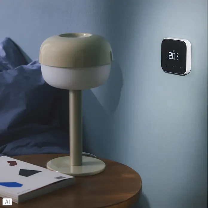 Tado Juego de termostato + Bridge X - Blanco/Negro, Termostáto + Bridge - Una lámpara de mesa beige sobre una mesa de madera junto a una cama, con un termostato inteligente blanco que muestra 20,8°C en la pared azul claro.