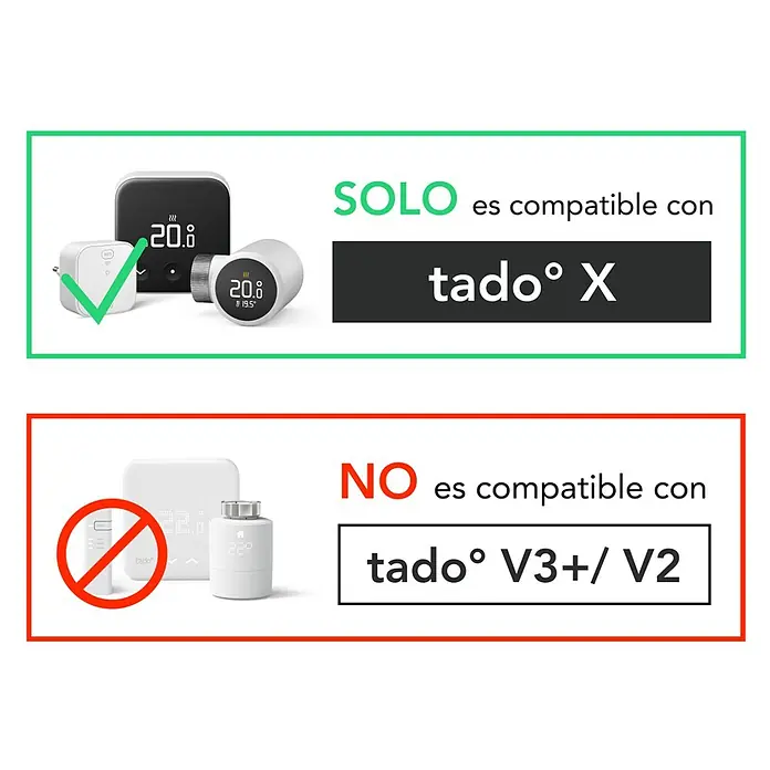 Tado Juego de termostato + Bridge X - Blanco/Negro, Termostáto + Bridge - Dos sets de termostatos y puentes inteligentes Tado°. El superior (blanc/negro) es compatible con Tado° X; el inferior (blanc) no es compatible con V3+/V2.