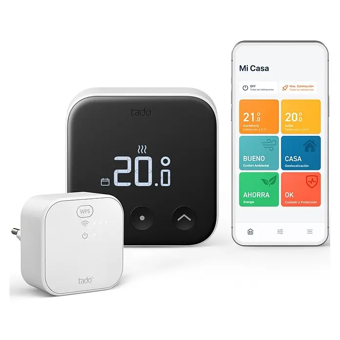 Tado Juego de termostato + Bridge X - Blanco/Negro, Termostáto + Bridge - Un sistema de termostato inteligente tado° blanco con unidad de pantalla negra, puente de internet blanco y app móvil.