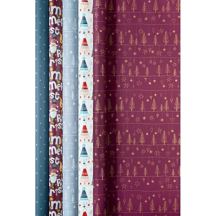 Duni Geschenkpapier - B x L: 70 x 200 cm, Papier - Fünf Rollen festliches Weihnachtspapier in verschiedenen Designs: Sterne, Text mit Figuren, Bäume/Herzen, Winterfiguren, goldene Bäume/Sterne auf Lila.