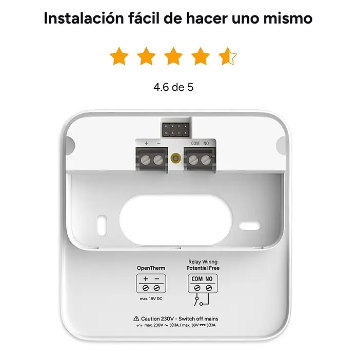 Tado Juego de termostato - Blanco, Sensor + Receptor + 2 Cabezales - Panel trasero blanco de termostato inteligente que muestra terminales de cableado OpenTherm y relé con especificaciones de voltaje.