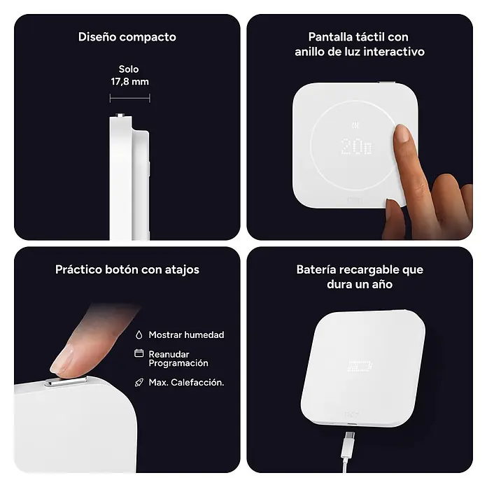 Tado Juego de termostato - Blanco, Sensor + Receptor + 2 Cabezales - Termostato inteligente blanco, compacto con pantalla táctil, anillo de luz interactivo, botón lateral para atajos y batería recargable duradera.