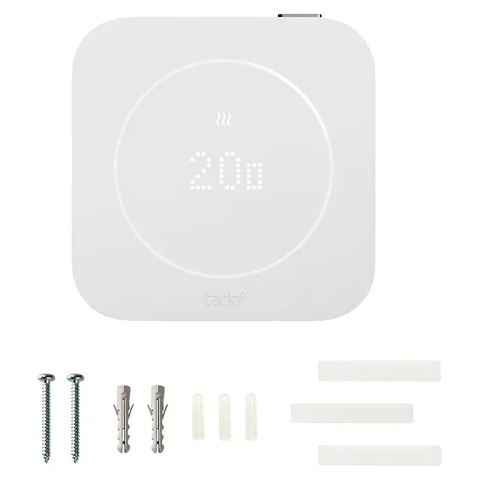 Tado Termostato Cableado X 2ª Generación - Blanco, 1 pzs. - Termostato inteligente Tado blanco con pantalla digital (20°) y accesorios de montaje.