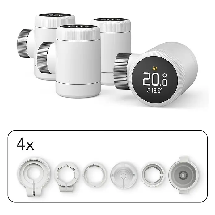 Tado Termostato de radiador Cabezal X Quattro - Blanco, 4 ud. - Cuatro termostatos de radiador inteligentes blancos con pantalla digital y adaptadores de instalación.