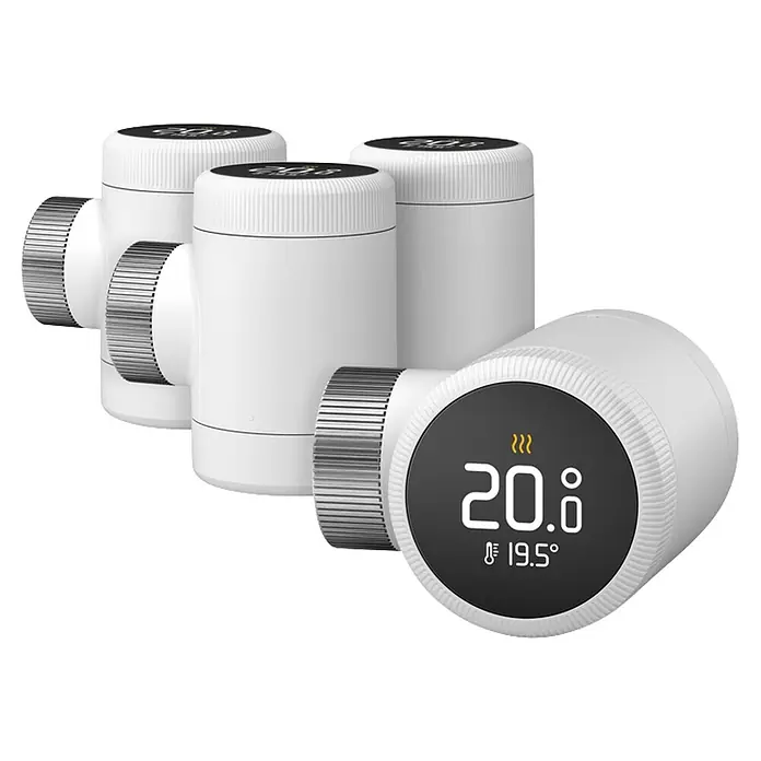 Tado Termostato de radiador Cabezal X Quattro - Blanco, 4 ud. - Termostatos de radiador inteligentes blancos con pantallas digitales que muestran 20.8°C y 19.5°C.