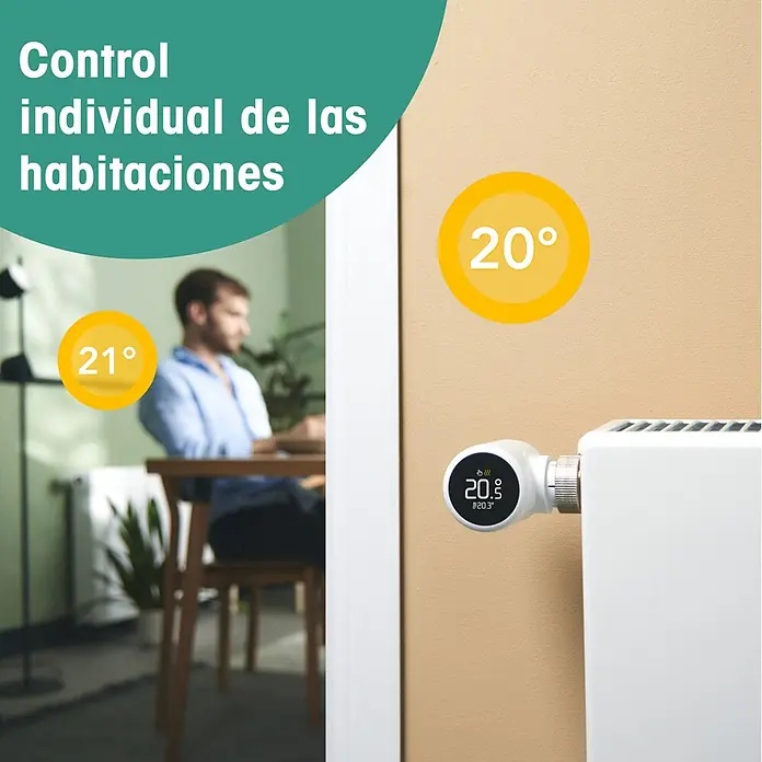 Tado Juego de termostato Bridge X + Cabezal Termoestático X - Blanco, Cabezal y Bridge - Termostato inteligente blanco de radiador muestra 20,5° para control individual de temperatura en casa.
