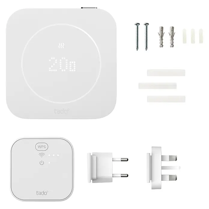 Tado Juego de termostato + Bridge X 2ª Generación - Blanco, Termostáto + Bridge - Termostato inteligente Tado blanco con pantalla digital (20,0), Internet Bridge, adaptador de corriente, tornillos y tacos para control de calefacción.