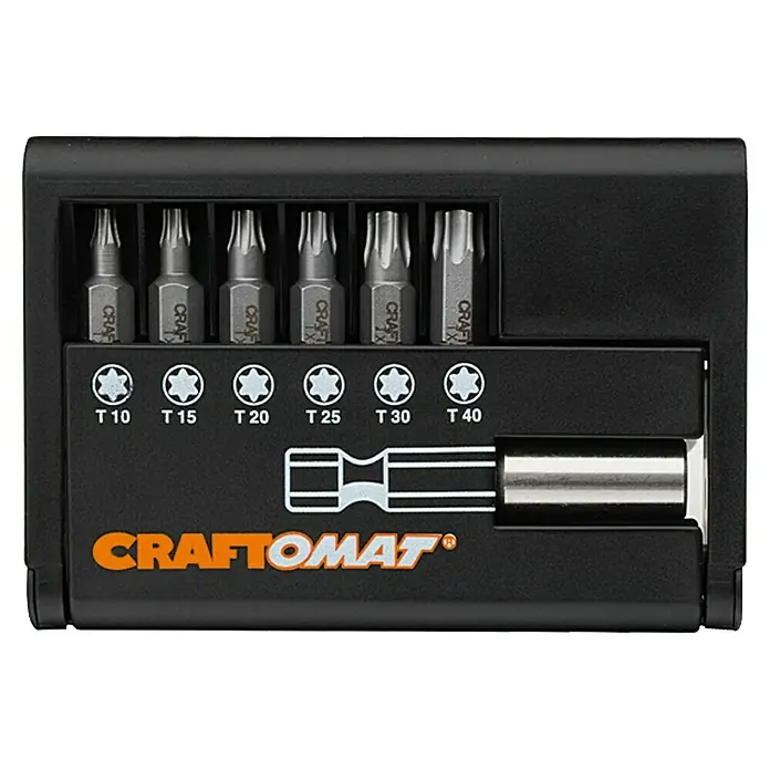 Craftomat Bit-Set - 7 -tlg., Innen-TORX®-Schrauben - Ein Set mit Craftomat Schraubendreher-Bits in verschiedenen Größen, ordentlich in einer schwarzen Aufbewahrungsbox angeordnet für einfache Nutzung.
