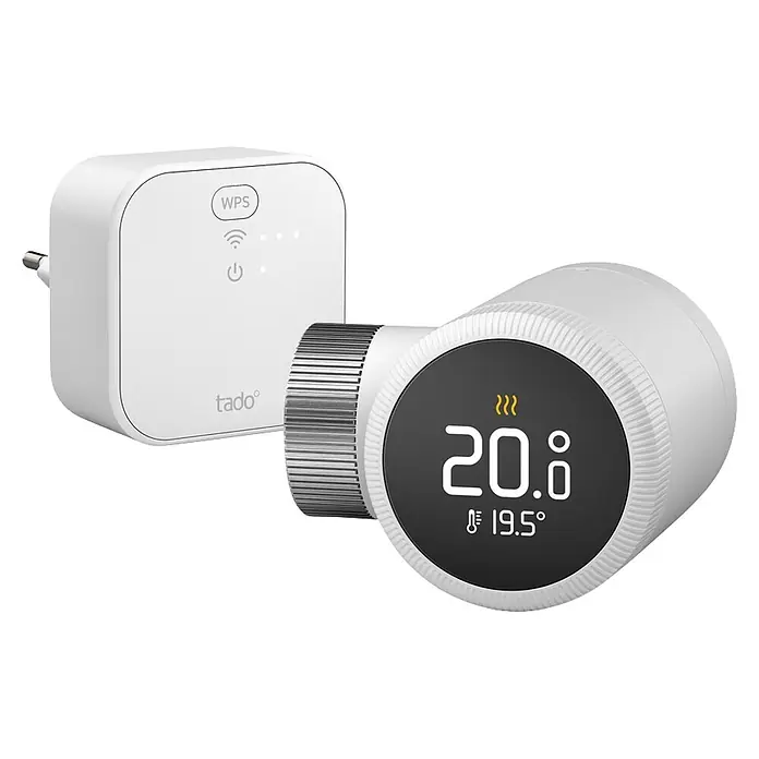Tado Juego de termostato Bridge X + Cabezal Termoestático X - Blanco, Cabezal y Bridge - Concentrador y termostato de radiador inteligentes blancos, mostrando 20.0° objetivo y 19.5° temperatura real.