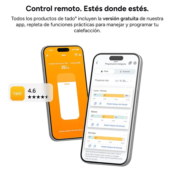 Tado Juego de termostato - Blanco, Sensor + Receptor + 2 Cabezales - Interfaces de la app Tado de termòstat inteligente en dos smartphones, mostrando temperatura/humedad actuales y programaciones de calefacción. La app tiene una calificación de 4.6 estrellas.