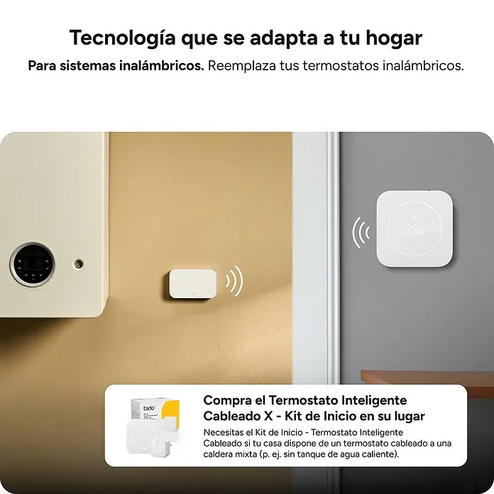 Tado Juego de termostato - Blanco, Sensor + Receptor + 2 Cabezales - Termostato inteligente Tado blanco y receptor inalámbrico comunicándose cerca de una caldera.