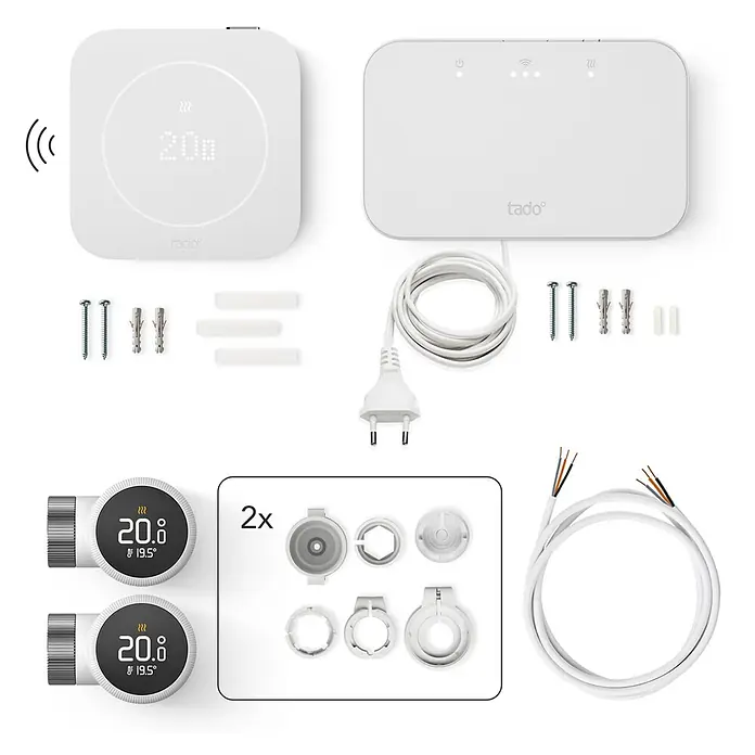 Tado Juego de termostato - Blanco, Sensor + Receptor + 2 Cabezales - Termostato inteligente Tado, puente, dos termostatos de radiador y accesorios para un sistema de calefacción inteligente.