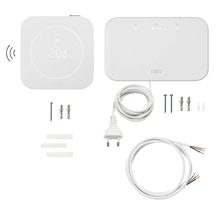 Tado Sensor de temperatura inalámbrico + Receptor Inalámbrico X - Blanco, Sensor + Receptor inalámbrico - Termostato inteligente tado blanco, puente de internet, cable de alimentación, cable de cableado y accesorios de instalación para calefacción.