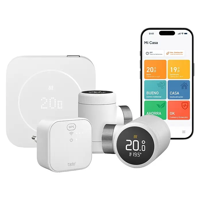 Tado Juego de termostato + 2 Cabezales Termoestáticos X + Bridge X - Blanco, Termostato + Bridge + 2 Cabezales - Sistema de calefacción inteligente blanco con termostato, pasarela, válvulas de radiador inteligentes y aplicación móvil mostrando temperaturas.