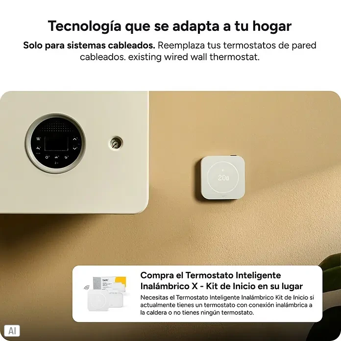 Tado Juego de termostato + 2 Cabezales Termoestáticos X + Bridge X - Blanco, Termostato + Bridge + 2 Cabezales - Termostato inteligente tado° blanco montado en la pared junto a una caldera, reemplazando un termostato de pared cableado existente. Muestra 20,0 grados.