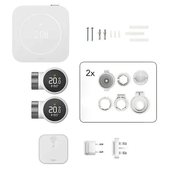 Tado Juego de termostato + 2 Cabezales Termoestáticos X + Bridge X - Blanco, Termostato + Bridge + 2 Cabezales - Kit termostato inteligente Tado blanco con termostato de pared, dos termostatos de radiador, puente de internet y adaptadores para calefacción.