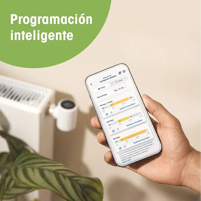 Tado Juego de termostato Bridge X + Cabezal Termoestático X - Blanco, Cabezal y Bridge - Mano sosteniendo un smartphone con una app de programación inteligente de calefacción, con un termostato de radiador inteligente al fondo.