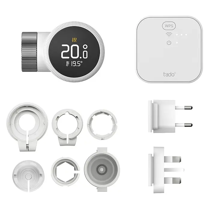 Tado Juego de termostato Bridge X + Cabezal Termoestático X - Blanco, Cabezal y Bridge - Válvula termostática inteligente blanca, puente de internet y varios adaptadores/enchufes.