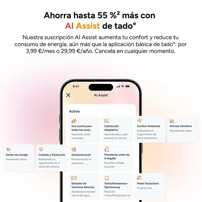Tado Juego de termostato - Blanco, Sensor + Receptor + 2 Cabezales - Smartphone con interfaz de la app tado° AI Assist, mostrando funciones de ahorro de energía y confort inteligente.