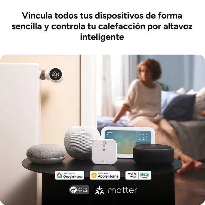 Tado Juego de termostato - Blanco, Sensor + Receptor + 2 Cabezales - Dispositivos smart home (altavoces, pantalla, termostato de radiador) compatibles con Google Home, Apple Home, Alexa, Thread y Matter.