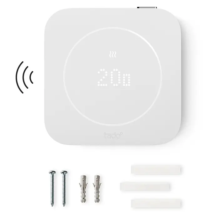 Tado Sensor de temperatura inalámbrico X 2ª Generación - Blanco, A batería, 1,78 x 11 x 11 cm - Termostato inteligente tado° blanco con pantalla digital (20°C, icono de calefacción) y accesorios de montaje (tornillos, tacos, tiras adhesivas).