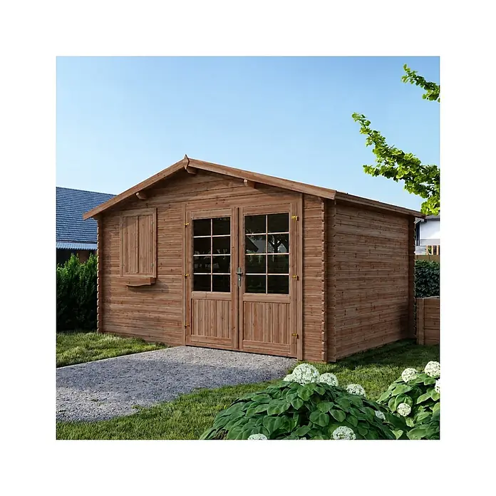 Gartenhaus, Gerätehaus 12m2 - 4x3m - 28mm - Imprägniert -  - Hölzernes Gartenhaus mit doppelten Glastüren und Seitenfenster im Garten.