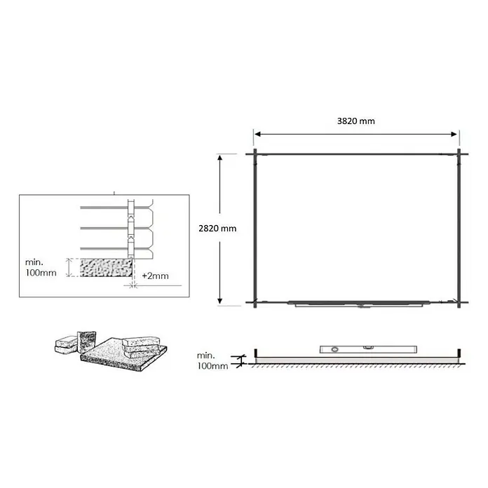 Gartenhaus, Gerätehaus 12m2 - 4x3m - 28mm - Imprägniert -  - Fundamentplan 3820x2820mm, mit mind. 100mm Basistiefe und Nivellierungsanweisungen.