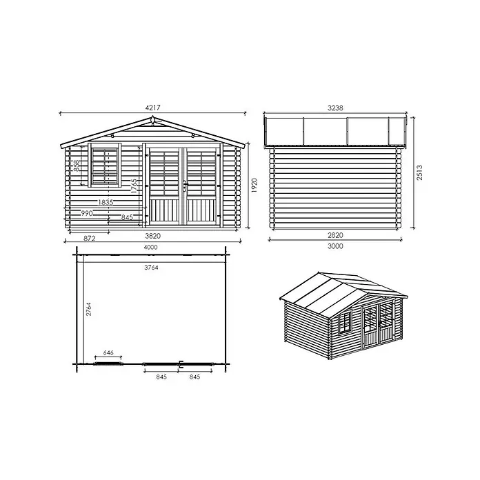Gartenhaus, Gerätehaus 12m2 - 4x3m - 28mm - Imprägniert -  - Gartenschuppen aus Holz mit detaillierten Bauplänen, die Vorder-, Seiten- und Draufsichten sowie eine isometrische Projektion zeigen.