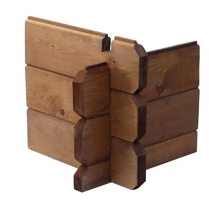 Gartenhaus, Gerätehaus 12m2 - 4x3m - 28mm - Imprägniert -  - Ineinandergreifende braune Holzbohlen bilden eine Ecke, die eine Blockhausverbindung zeigt.