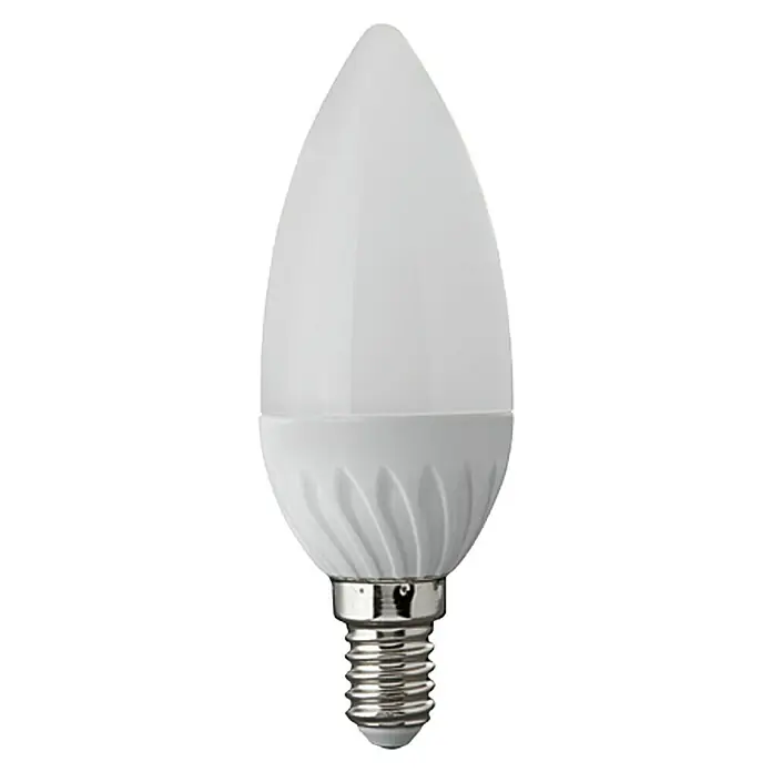 Voltolux Bombilla LED Vela - E14, No regulable, Blanco cálido, 245 lm, 3 W - Primer plano de una bombilla LED blanca en forma de vela con base de rosca, ideal para soluciones de iluminación eficientes.