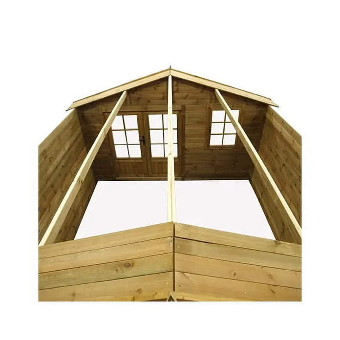 Gartenhaus, Gerätehaus 16m2 - 4x4m - 28mm - Imprägniert -  - Holzspielhaus- oder Geräteschuppenstruktur mit Giebeldach, zwei Fenstern und Naturholzwänden.